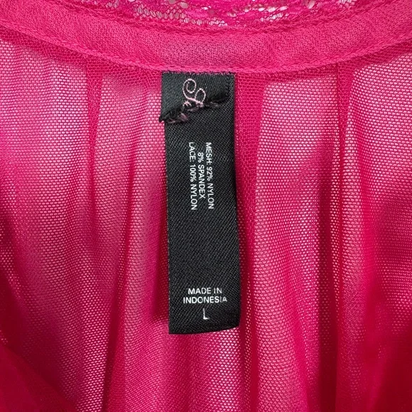 Hot Pink Sheer Mesh Lace Babydoll Lingerie Top Ruffle Hem Size L - Picture 2 of 3